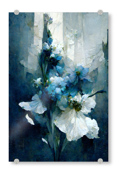 Acrylglasbild "Blue Flower Bouquet" artboxONE - Floral,Abstrakt - Blume,Blumen,Bouquet,Blumenstrauß,Dekorativ,Wild,Abstrakt,Blau,Weiss,Treechild