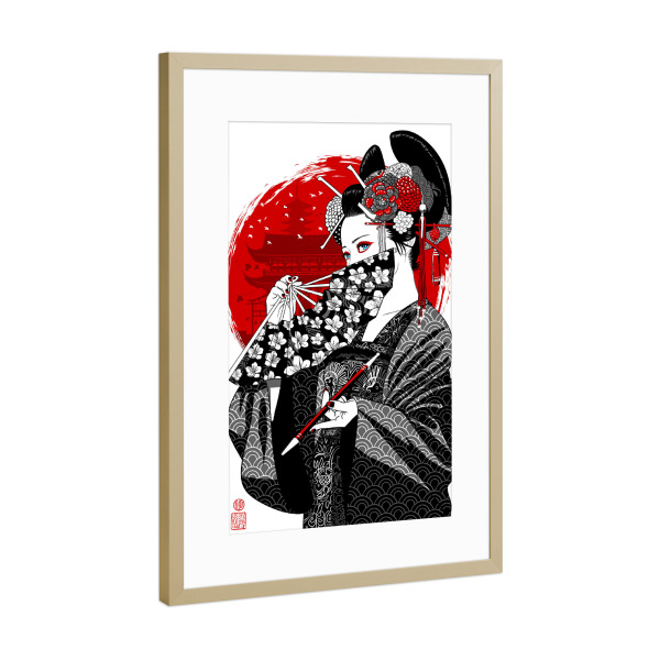 Poster mit Rahmen Gold "Maiko" artboxONE - Städte / Tokio - Maiko,Geiko,Geisha,Sonne,Japan,Osaka,Kyoto,Tokio,Japanisch,Kimono,Kirschbaum,Blume,Muster