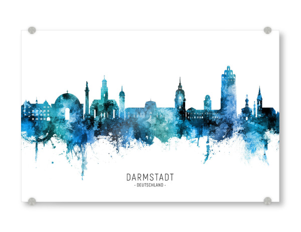 Acrylglasbild "Darmstadt Skyline blauer Name" artboxONE - Städte - Darmstadt,Deutschland,Skyline,Stadtbild,Aquarell,Malerei