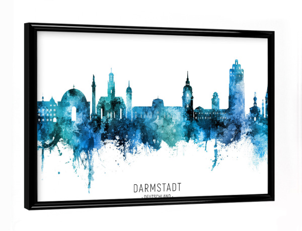 Poster mit schwarzem Rahmen "Darmstadt Skyline blauer Name" artboxONE - Städte - Darmstadt,Deutschland,Skyline,Stadtbild,Aquarell,Malerei