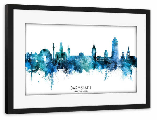 Poster mit Rahmen schwarz "Darmstadt Skyline blauer Name" artboxONE - Städte - Darmstadt,Deutschland,Skyline,Stadtbild,Aquarell,Malerei