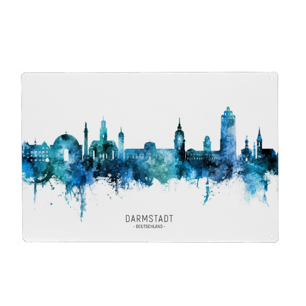 Metall Poster "Darmstadt Skyline blauer Name" artboxONE - Städte - Darmstadt,Deutschland,Skyline,Stadtbild,Aquarell,Malerei - Blechschild