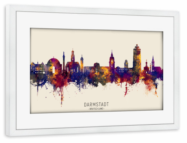 Poster mit Rahmen weiß "Darmstadt Skyline Herbstname" artboxONE - Städte - Darmstadt,Deutschland,Skyline,Stadtbild,Stadtbild,Aquarell,Malerei