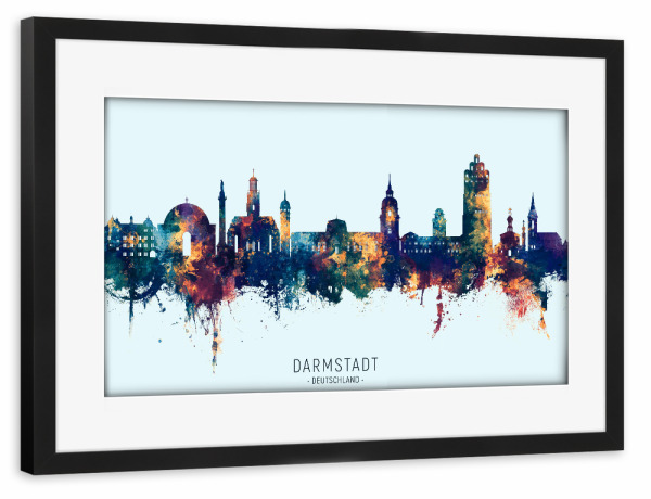 Poster mit Rahmen schwarz "Darmstadt Skyline BlauOrange" artboxONE - Städte - Darmstadt,Deutschland,Skyline,Stadtbild,Stadtbild,Aquarell,Malerei