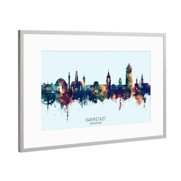 Poster mit Rahmen Silber "Darmstadt Skyline BlauOrange" artboxONE - Städte - Darmstadt,Deutschland,Skyline,Stadtbild,Stadtbild,Aquarell,Malerei