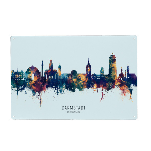 Holzbild "Darmstadt Skyline BlauOrange" artboxONE - Städte - Darmstadt,Deutschland,Skyline,Stadtbild,Stadtbild,Aquarell,Malerei