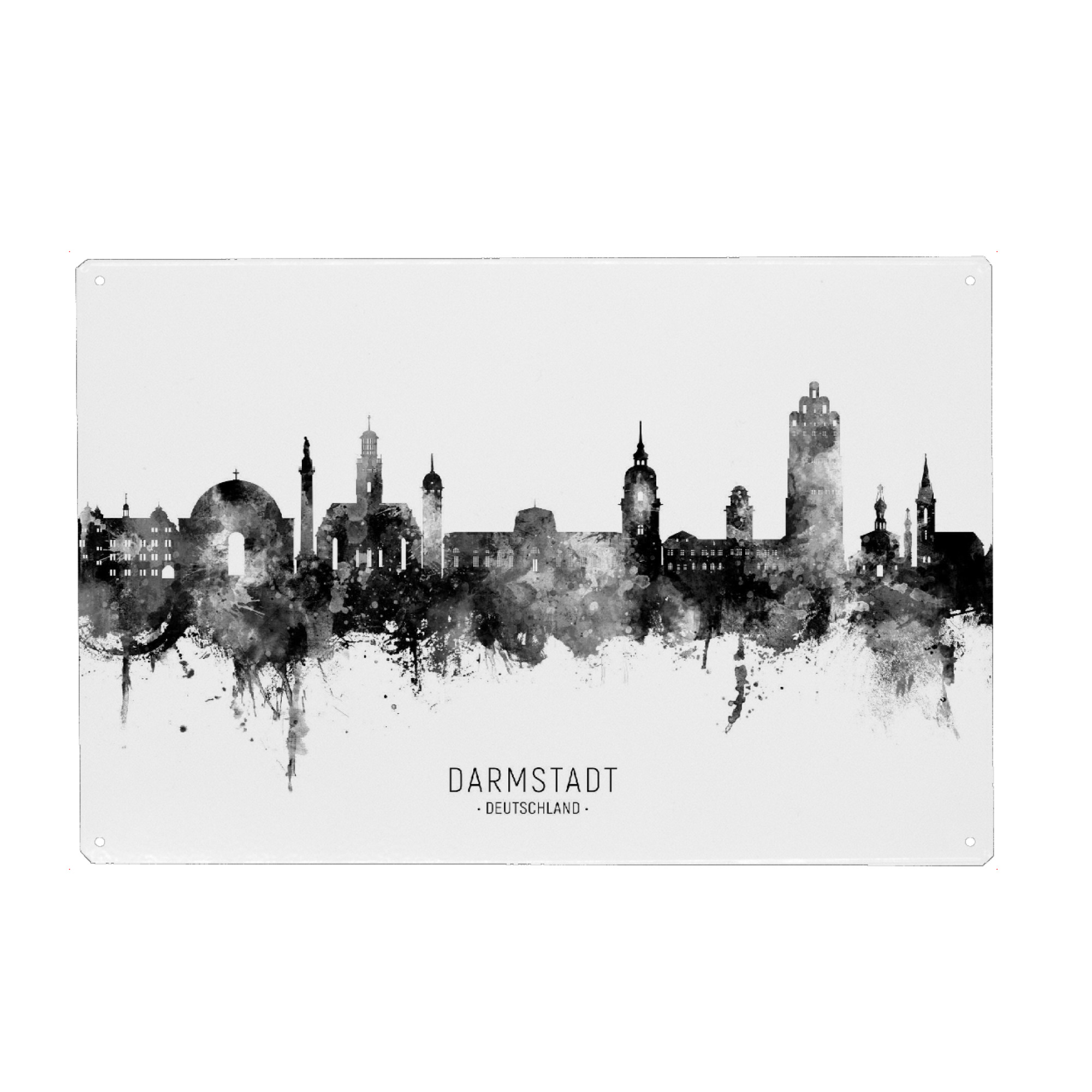 Holzbild "Darmstadt Skyline BW Text" artboxONE - Städte - Darmstadt,Deutschland,Skyline,Stadtbild,Stadtbild,Aquarell,Malerei,Schwarzweiß