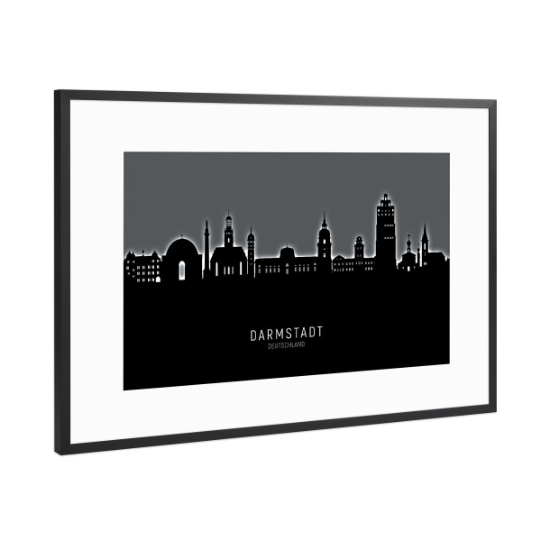 Poster mit Rahmen Schwarz (Metallic) "Darmstadt Skyline leuchtet weiß" artboxONE - Städte