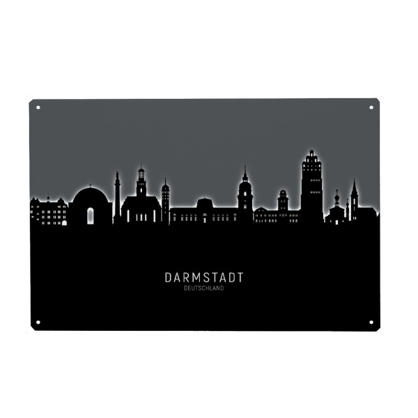 Holzbild "Darmstadt Skyline leuchtet weiß" artboxONE - Städte - Darmstadt,Deutschland,Skyline,Stadtbild,Stadtbild,Aquarell,Malerei