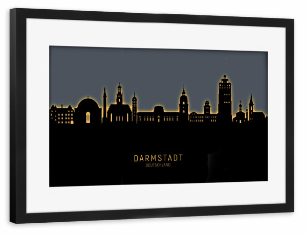 Poster mit Rahmen schwarz "Darmstadt Skyline leuchtet orange" artboxONE - Städte - Darmstadt,Deutschland,Skyline,Stadtbild,Stadtbild,Aquarell,Malerei