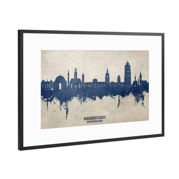 Poster mit Rahmen Schwarz (Metallic) "Darmstadt SkylinefarbeBlau" artboxONE - Städte - Darmstadt,Deutschland,Skyline,Stadtbild,Aquarell,Malerei