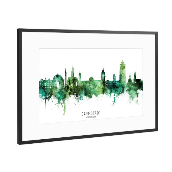 Poster mit Rahmen Schwarz (Metallic) "Darmstadt Skyline Grüner Name" artboxONE - Städte