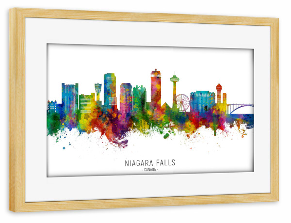 Poster mit Rahmen kiefer "Niagara Falls Kanada Skyline txt" artboxONE - Städte - Niagarafälle,Kanada,Skyline,Stadtbild,Stadtbild,Aquarell,Malerei