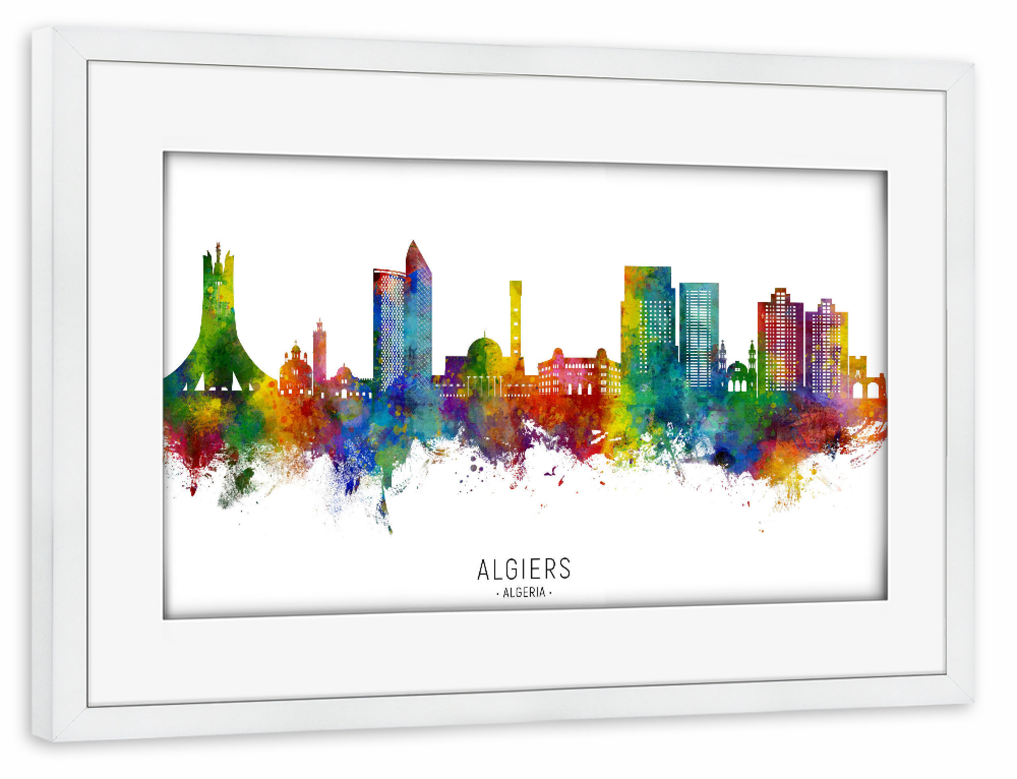 Poster mit Rahmen weiß "Algier Algerien Skyline txt" artboxONE - Städte - Algier,Algerien,Skyline,Stadtbild,Stadtbild,Aquarell,Malerei