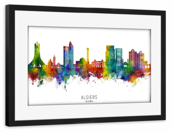 Poster mit Rahmen schwarz "Algier Algerien Skyline txt" artboxONE - Städte - Algier,Algerien,Skyline,Stadtbild,Stadtbild,Aquarell,Malerei