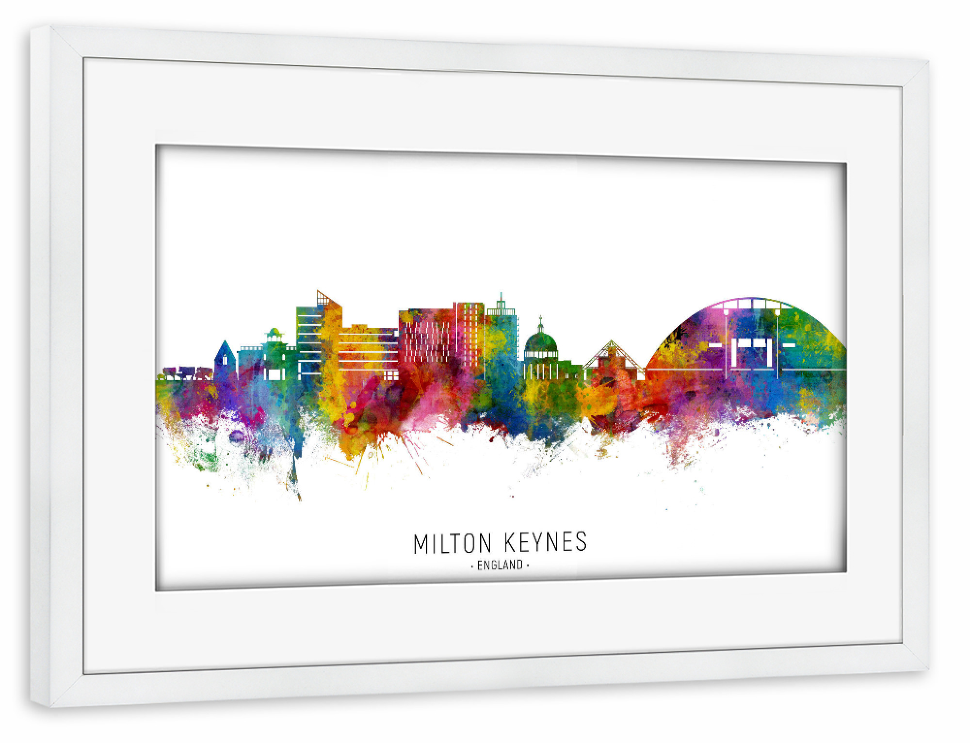 Poster mit Rahmen weiß "Milton Keynes England Skyline txt" artboxONE - Städte - Milton keynes,England,Skyline,Stadtbild,Stadtbild,Aquarell,Malerei