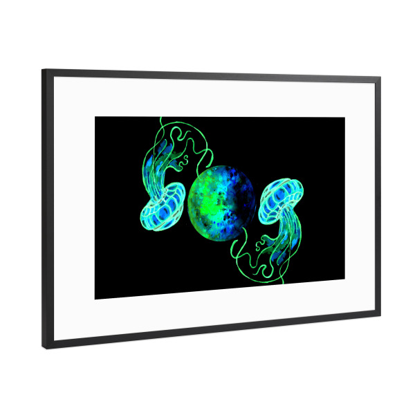 Poster mit Rahmen Schwarz (Metallic) "Mond- und Weltraumqualle" artboxONE - Tiere,Galaxy