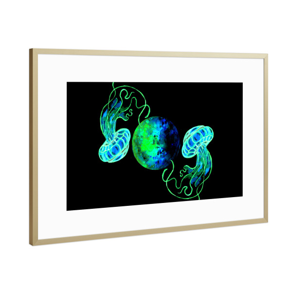 Poster mit Rahmen Gold "Mond- und Weltraumqualle" artboxONE - Tiere,Galaxy