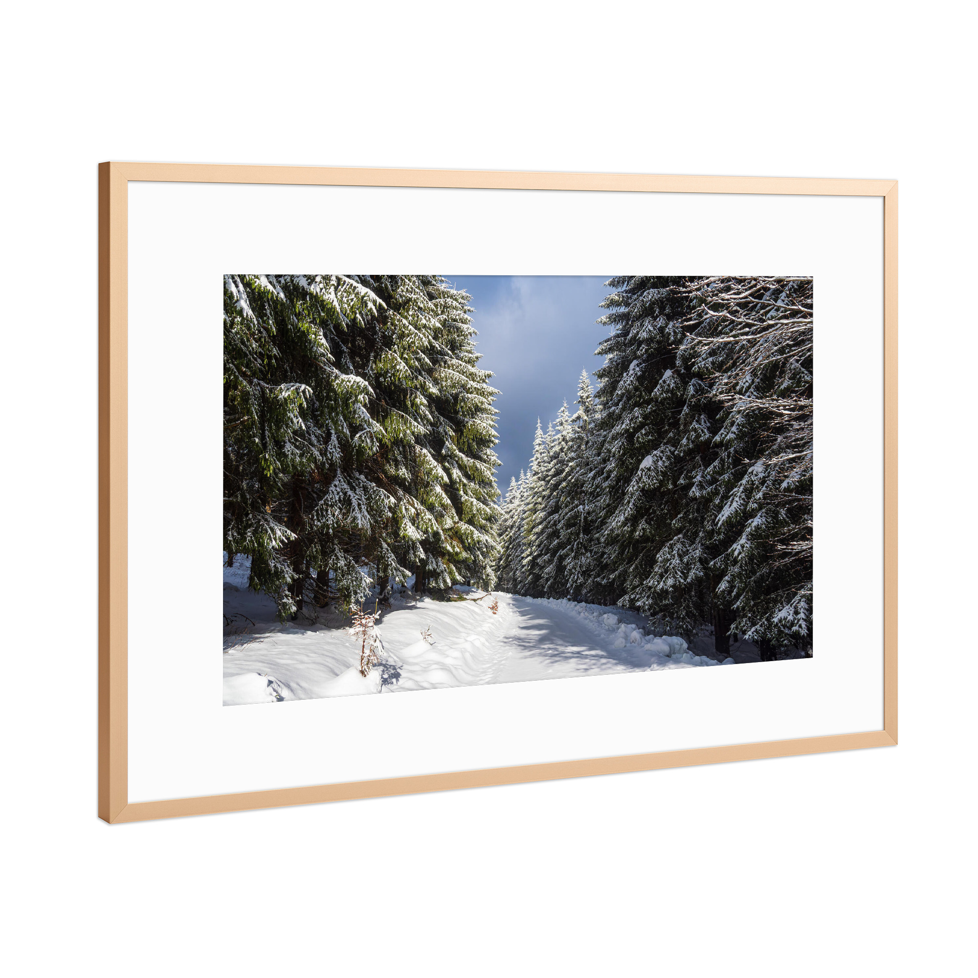 Poster mit Rahmen Kupfer "Schnee, Weg, Wald, Wolken" artboxONE - Natur,Reise