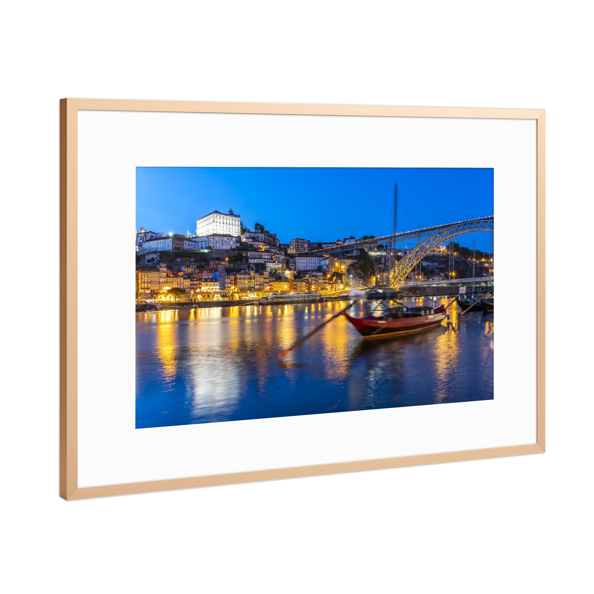 Poster mit Rahmen Kupfer "Douro Ufer in Porto" artboxONE - Städte,Architektur - Porto,Portugal,Nacht,Bruecke,Stadtansicht,Architektur,Stadt