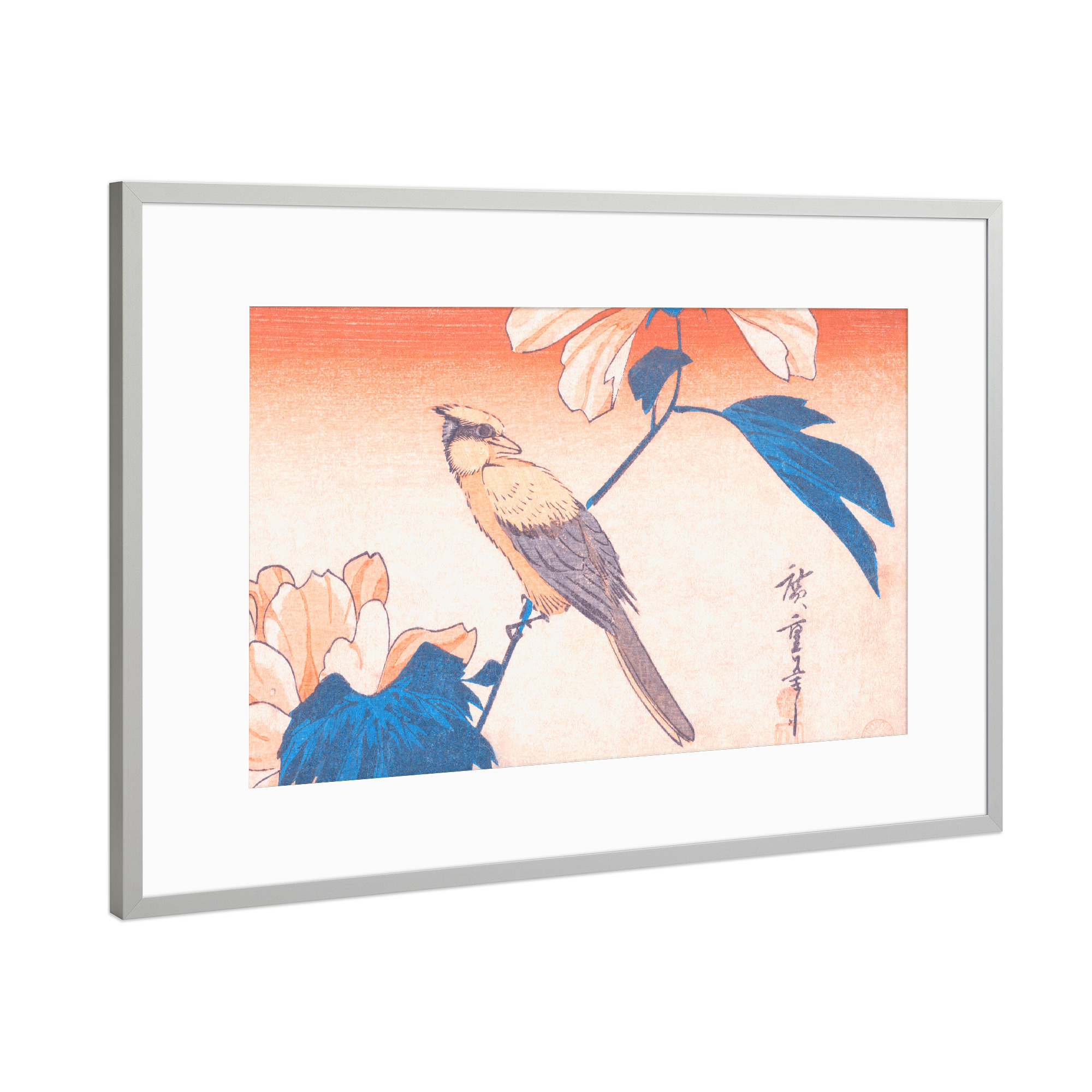 Poster mit Rahmen Silber "Hibiscus Mutabilis und Jay" artboxONE - Natur,Floral,Tiere,Liebe