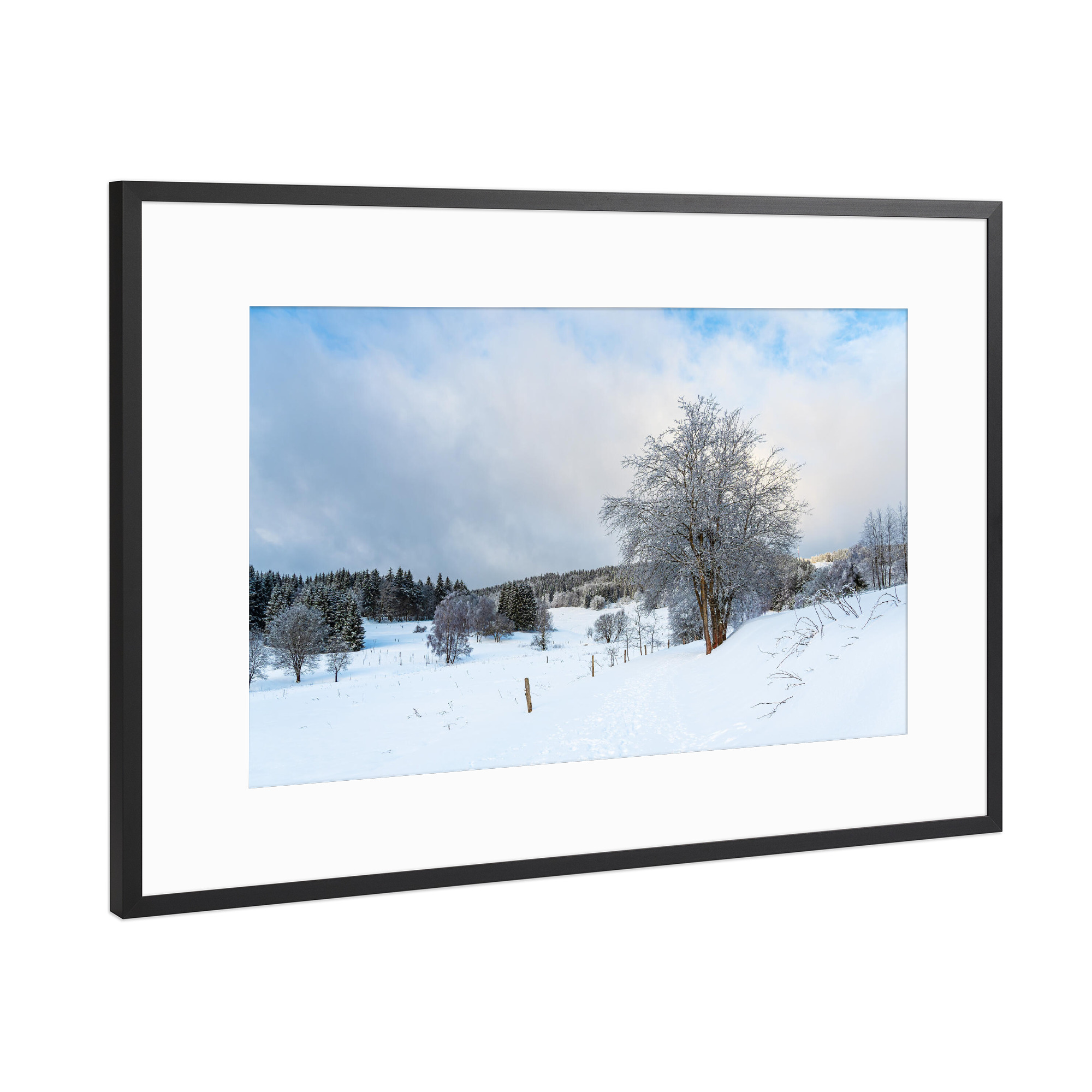 Poster mit Rahmen Schwarz (Metallic) "Wolken, Baum, Zaun, Schnee" artboxONE - Natur,Reise