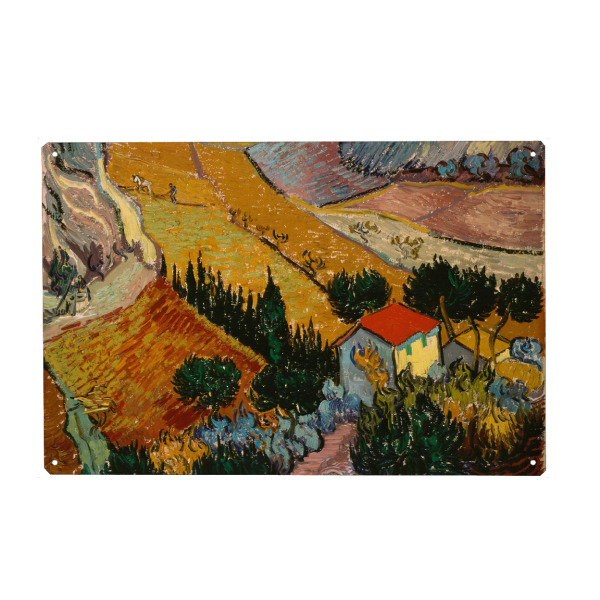 Metall Poster "Landschaft mit Haus und Pflüger" artboxONE - Natur,Reise - Vincent van gogh,Malerei,Gemälde,Kunst,Natur,Landschaft,Wald,Berge,Haus