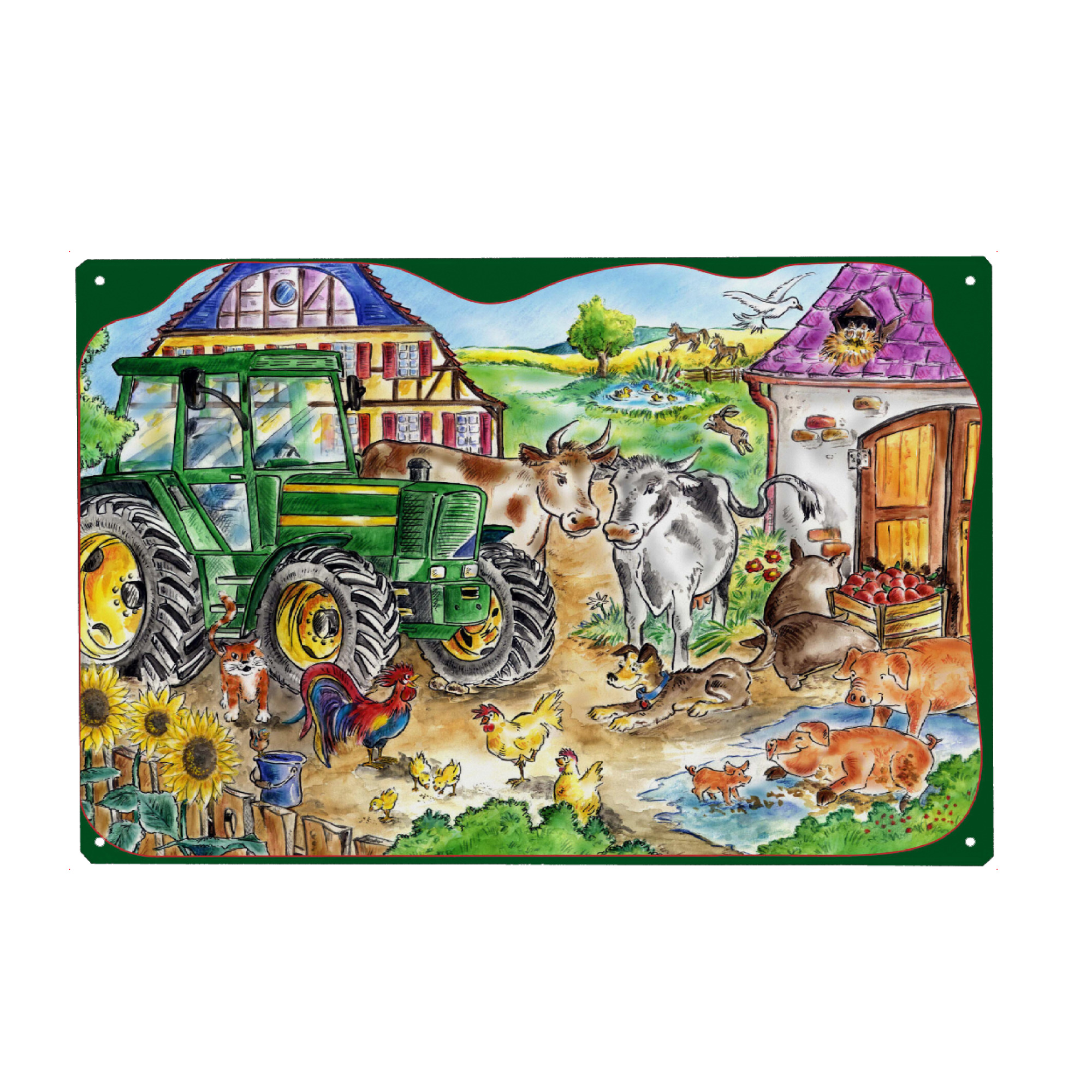 Metall Poster "Bauernhof" artboxONE - Natur,Für Kinder,Tiere - Traktor,Kuh,Schwein,Bauernhof,Hahn,Huhn,Katze,Stall,Hund,Pferd - Blechschild