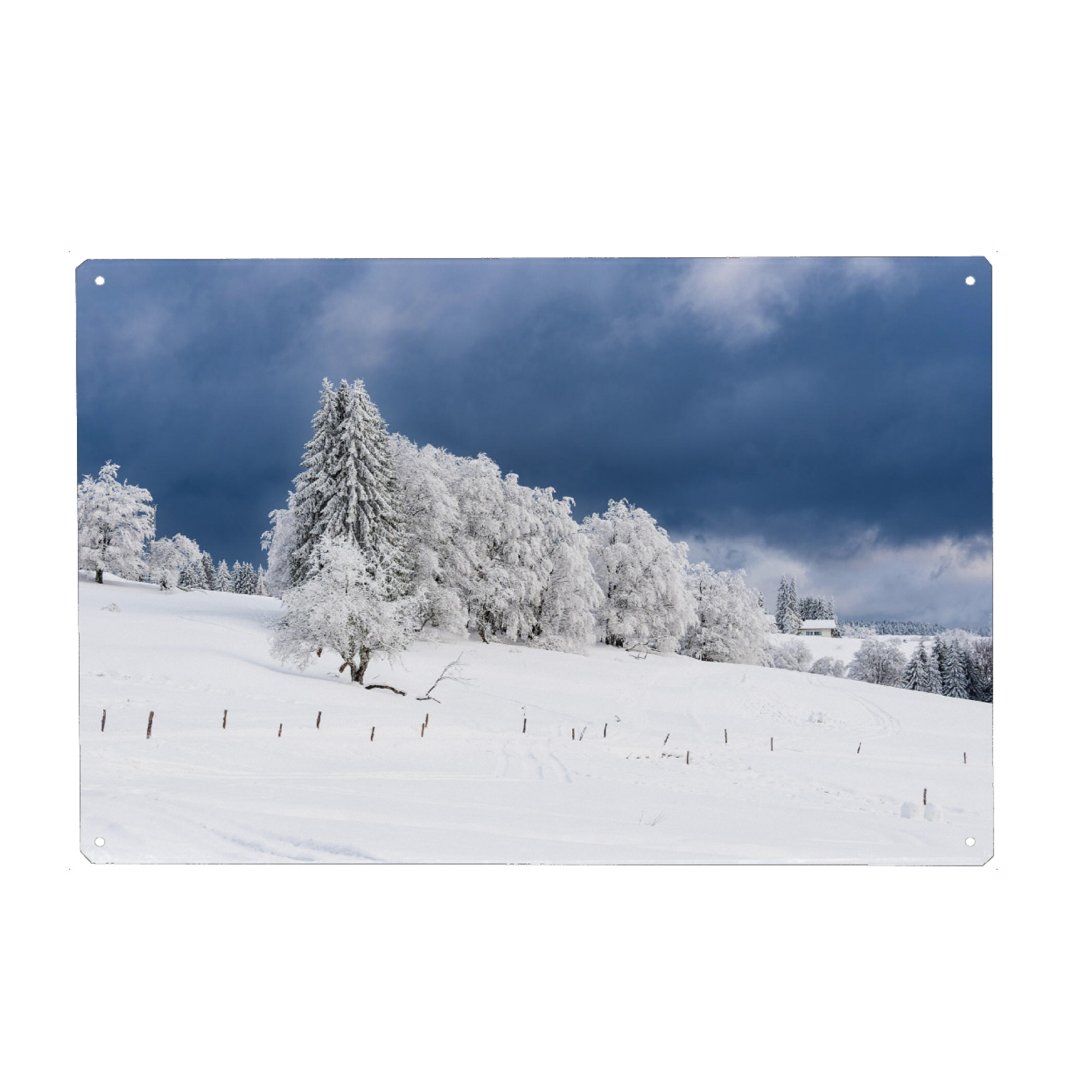 Metall Poster "Wolken, Bäume, Zaun und Schnee" artboxONE - Natur,Reise