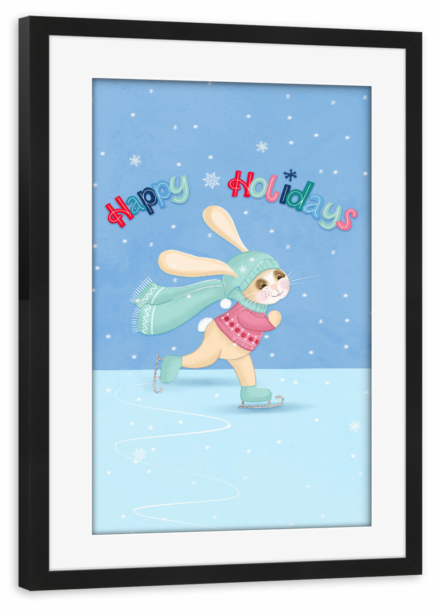 Poster mit Rahmen schwarz "Hase beim Eislaufen" artboxONE - Typografie,Für Kinder,Weihnachten