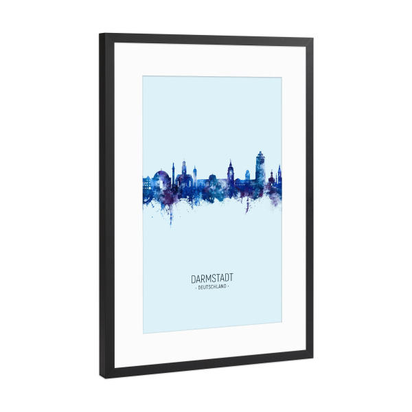 Poster mit Rahmen Schwarz (Metallic) "Darmstadt Skyline Dunkelblau" artboxONE - Städte