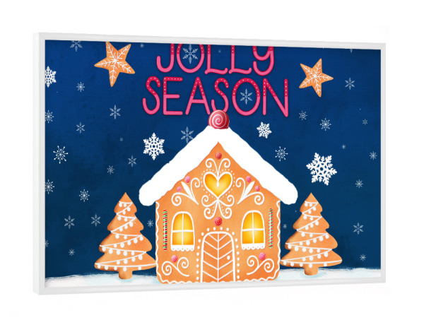 Poster mit weißem Rahmen "Lebkuchenhaus im Schnee" artboxONE - Für Kinder,Weihnachten,Lustig