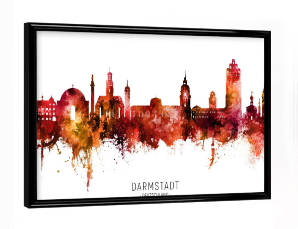 Poster mit schwarzem Rahmen "Darmstadt Skyline roter Name" artboxONE - Städte - Darmstadt,Deutschland,Skyline,Stadtbild,Stadtbild,Aquarell,Malerei