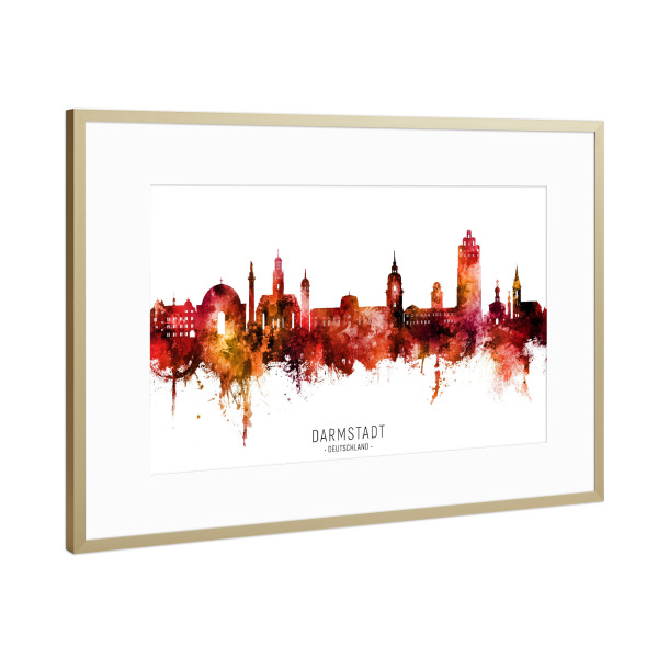 Poster mit Rahmen Gold "Darmstadt Skyline roter Name" artboxONE - Städte - Darmstadt,Deutschland,Skyline,Stadtbild,Stadtbild,Aquarell,Malerei