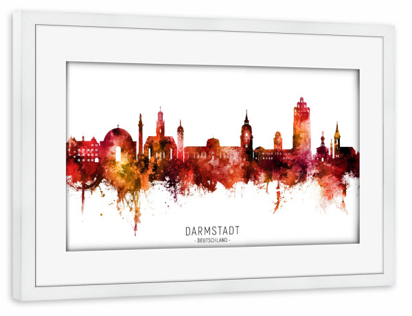 Poster mit Rahmen weiß "Darmstadt Skyline roter Name" artboxONE - Städte - Darmstadt,Deutschland,Skyline,Stadtbild,Stadtbild,Aquarell,Malerei