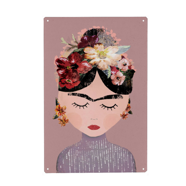 Metall Poster "Frida (pestell)" artboxONE - Menschen,Für Mama - Frida,Kahlo,Portrait,Frauen,Gesicht,Blumen,Blumenkranz,Treechild - Blechschild