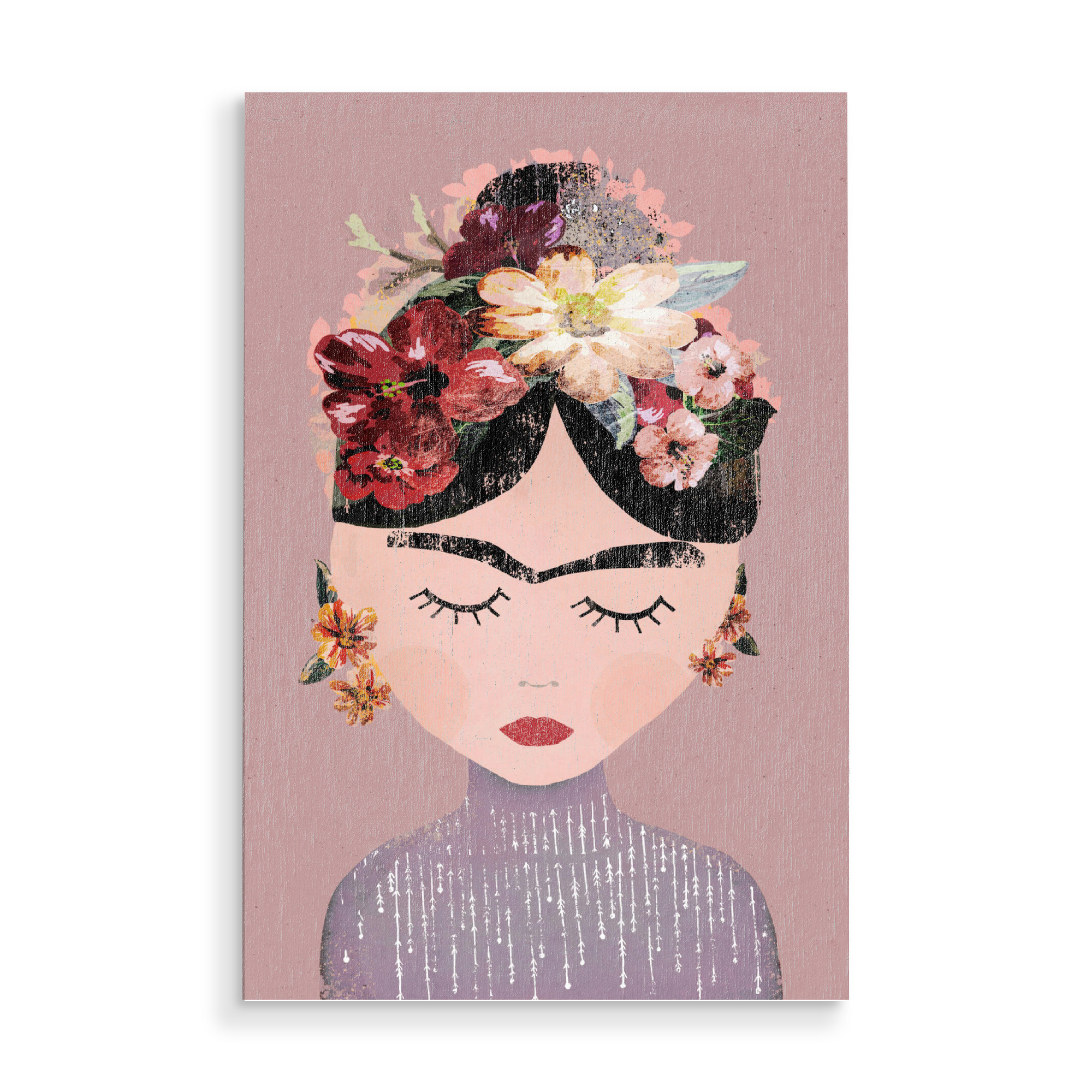 Holzbild "Frida (pestell)" artboxONE - Menschen,Für Mama - Frida,Kahlo,Portrait,Frauen,Gesicht,Blumen,Blumenkranz,Treechild