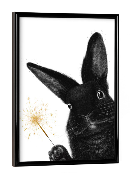 Poster mit schwarzem Rahmen "Kaninchen mit Wunderkerze" artboxONE - Natur,Tiere,Weihnachten,Lustig