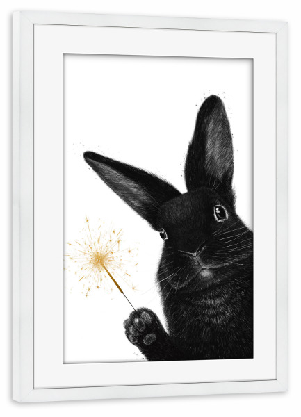 Poster mit Rahmen weiß "Kaninchen mit Wunderkerze" artboxONE - Natur,Tiere,Weihnachten,Lustig