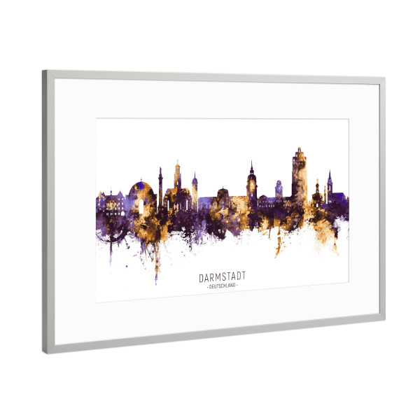 Poster mit Rahmen Silber "Darmstadt Skyline LilaGold" artboxONE - Städte - Darmstadt,Deutschland,Skyline,Stadtbild,Stadtbild,Aquarell,Malerei
