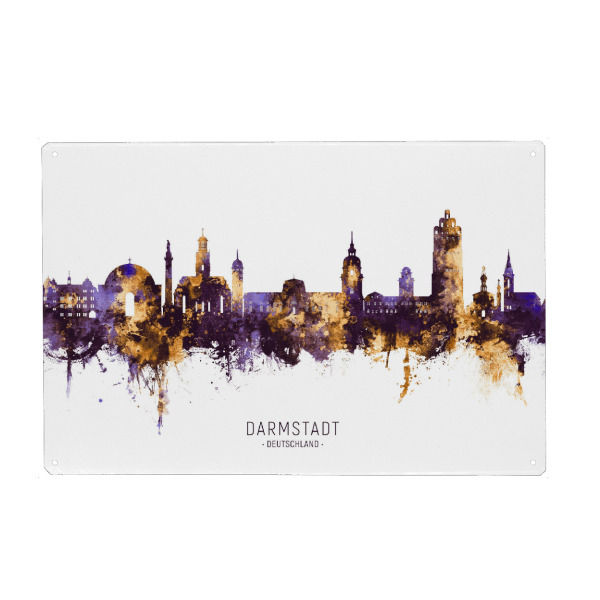 Metall Poster "Darmstadt Skyline LilaGold" artboxONE - Städte - Darmstadt,Deutschland,Skyline,Stadtbild,Stadtbild,Aquarell,Malerei - Blechschild
