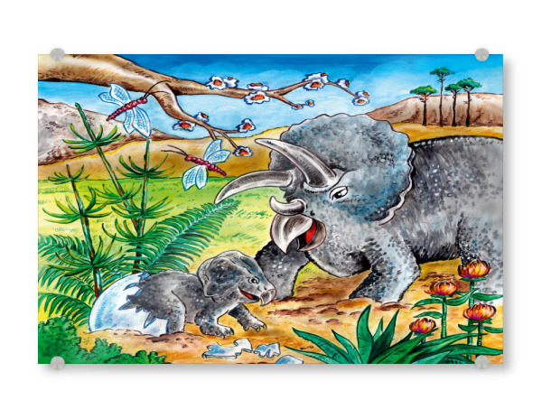 Acrylglasbild "Dinosaurier - Triceratops mit Kind" artboxONE - Natur,Für Kinder,Tiere
