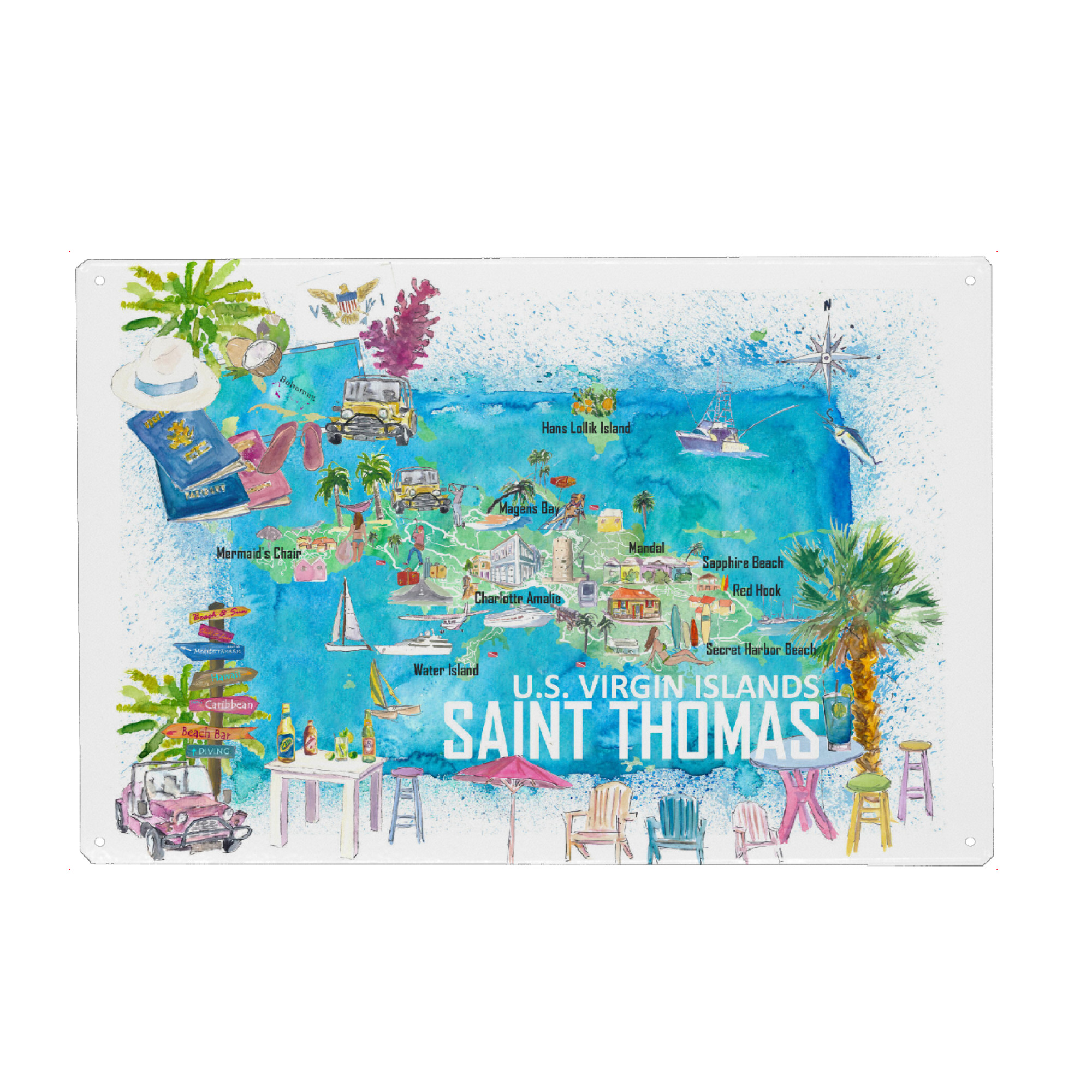Holzbild "Saint Thomas Reisekarte" artboxONE - Reise / Strand und Meer,Kartografie