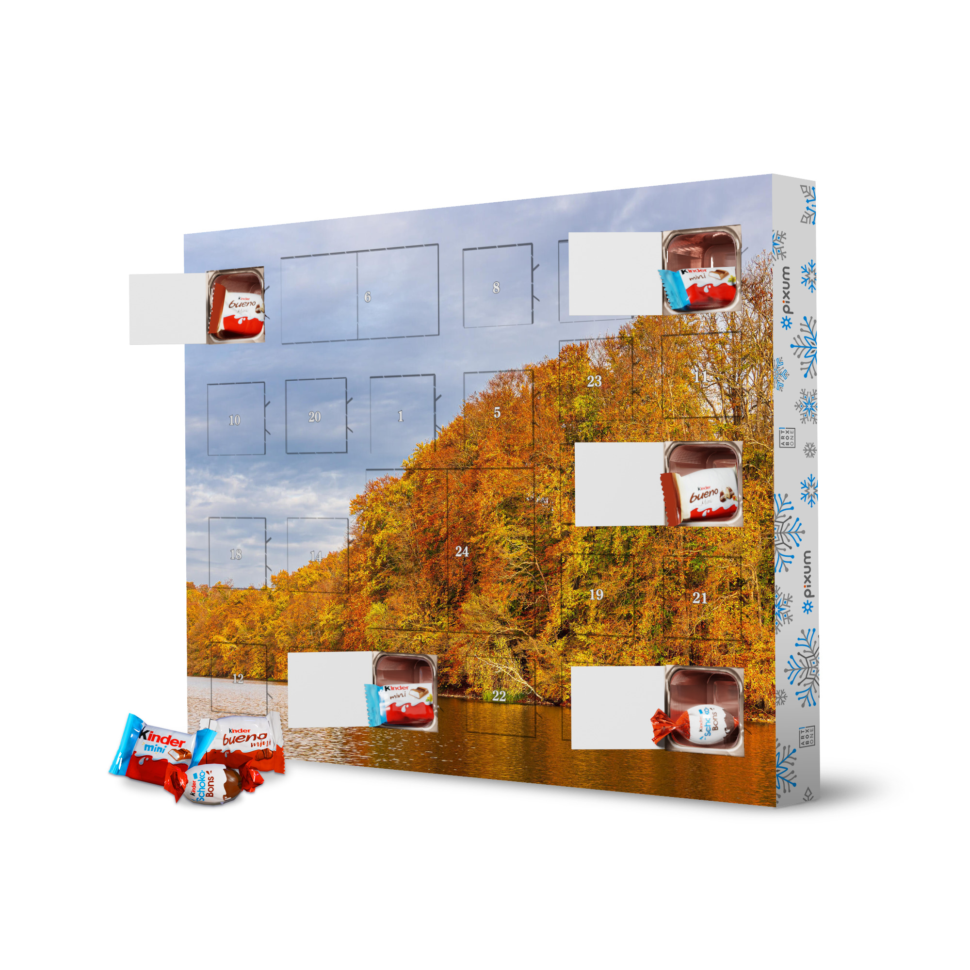 Adventskalender XXL mit Produkten von Kinder Herbstliche Bäume am See artboxONE Adventskalender Natur