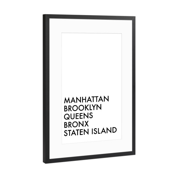 Poster mit Rahmen Schwarz (Metallic) "New York City - Stadtteile" artboxONE - Städte / New York,Typografie