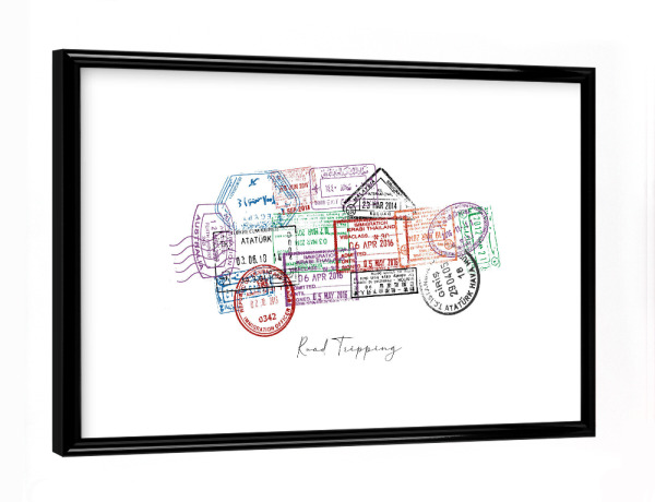 Poster mit schwarzem Rahmen "Stempel im Autopass" artboxONE - Reise,Automobile,Reise / Länder