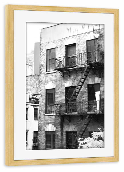 Poster mit Rahmen kiefer "New York City - Feuertreppe" artboxONE - Städte,Städte / New York,Reise,Schwarzweiß,Architektur