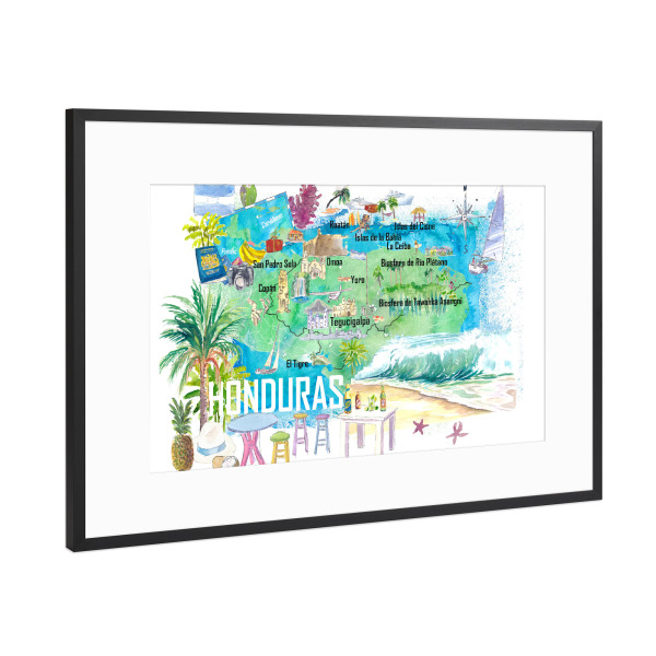 Poster mit Rahmen Schwarz (Metallic) "Honduras Reise Karte" artboxONE - Reise,Reise / Strand und Meer,Reise / Länder,Kartografie