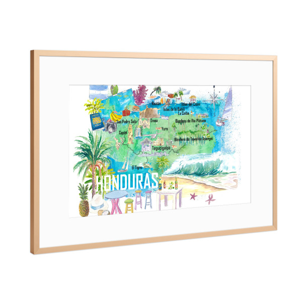 Poster mit Rahmen Kupfer "Honduras Reise Karte" artboxONE - Reise,Reise / Strand und Meer,Reise / Länder,Kartografie
