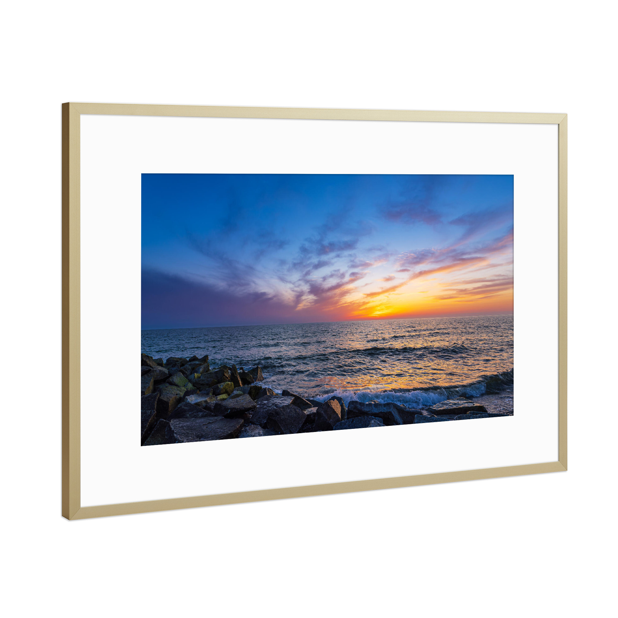 Poster mit Rahmen Gold "Steine, Meer, Sonnenuntergang" artboxONE - Natur,Reise,Reise / Strand und Meer